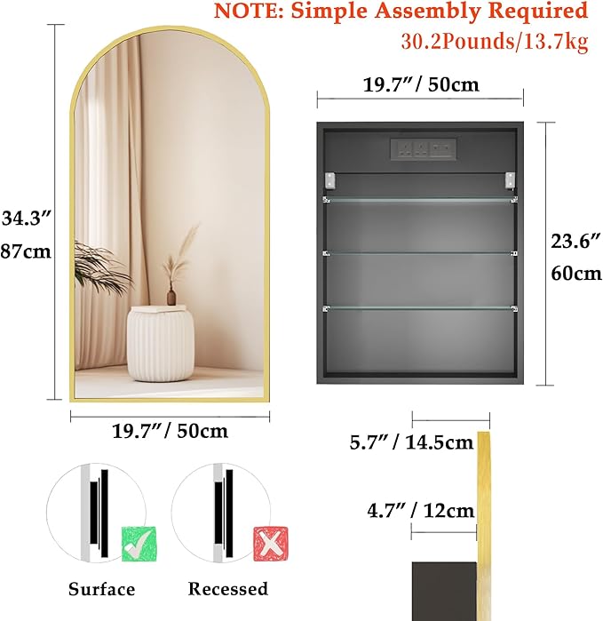 FKWin Bathroom Mirror with Storage and Power Outlet, Medicine Cabinet for Left or Right Opening, not Recessed, Ample Vanity Mirror with Storage for Homeowner, Gold, 20x34 inch