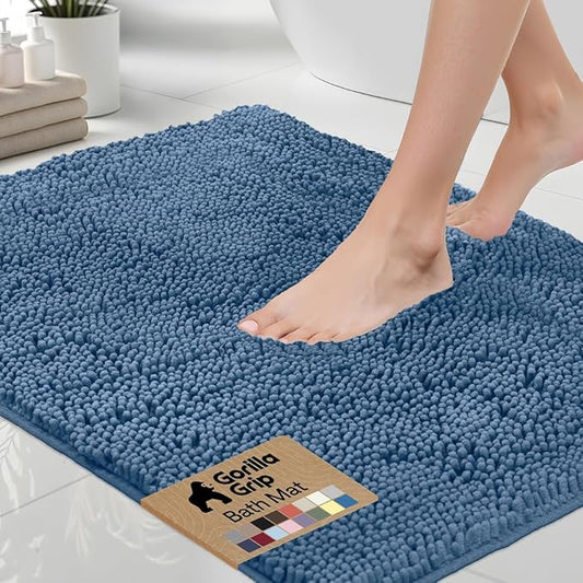 GORILLA GRIP Bath Rug Mat 48x17, Thick Soft Absorbent Chenille, Quick Dry Microfiber Mats, Rubber Backing Washable Shower Floor Rugs, Bathmat Runner, US Designed Bathroom Home Decor Accessories Blue