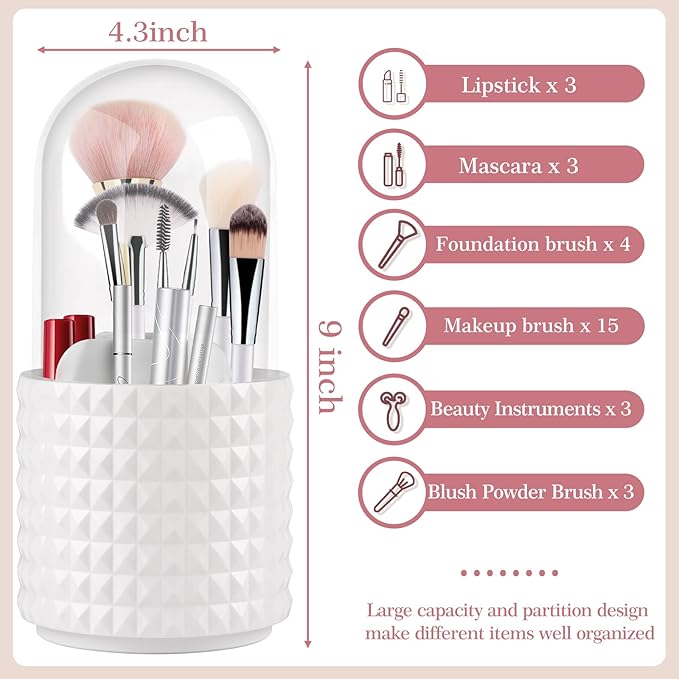 Makeup Brush Holder with Lid 360 Degree Rotating Makeup Storage Organizer Dustproof Cosmetics Organizer for Vanity and Bathroom Countertop