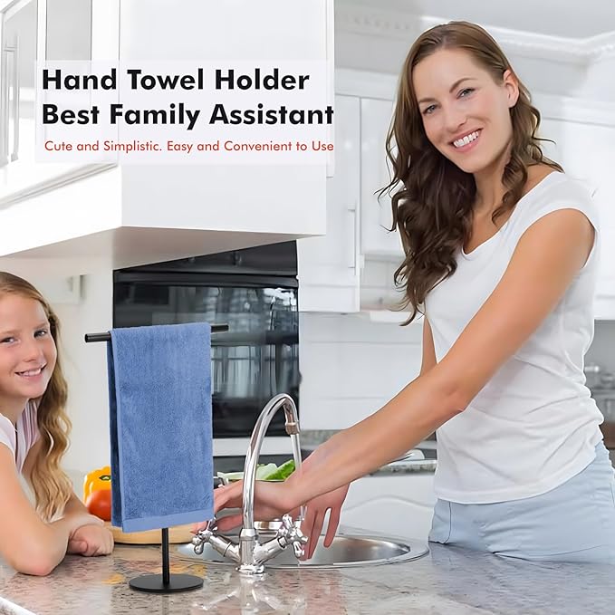 Exilon Black Hand Towel Holder Stand for Bathroom Vanity Countertop Stainless Steel T-Shape Freestanding Towel Rack Stand Towel Bar for Bathroom Kitchen (Black Matte)