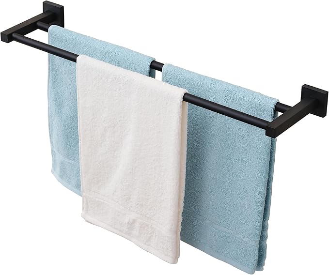 Double Black Towel Bar, 24 Inch Double Towel Racks for Bathroom, Wall Mounted Bathroom Towel Holder Stainless Steel Towel Rod Towel Rail Hanger for Wall,Matte Black