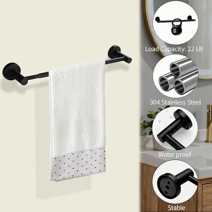 Towel Racks for Bathroom,Adjustable Single Towel Bar(16inch-25.5inch) Sturdy and Rustproof Towel Bar Wall Mounted for Bathroom Kitchen Washroom (B-Black)