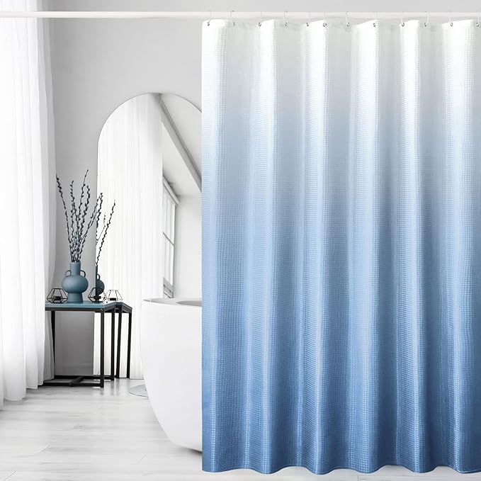 Gibelle Long Shower Curtain 72 x 78, Tall Blue Ombre Shower Curtain for Bathroom, Waffle Weave Fabric Shower Curtain Set with Hooks, Water Repellent, Machine Washable
