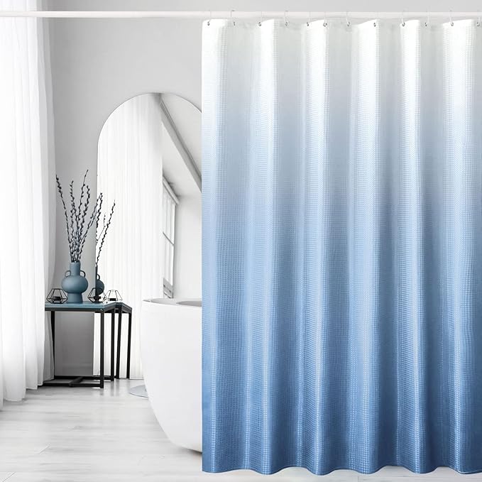 Gibelle Extra Long Shower Curtain 72 x 84, Tall Blue Ombre Shower Curtain for Bathroom, Waffle Weave Fabric Shower Curtain Set with Hooks, Water Repellent, Machine Washable