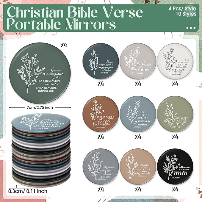 GlikCeil 40 Pcs Christian Compact Mirrors Bulk for Women Inspirational Bible Verse Pocket Mirror Mini Purse Makeup Mirror Christian Church Gift for Mother's Day Mom Church Party Favor (Retro Spanish)