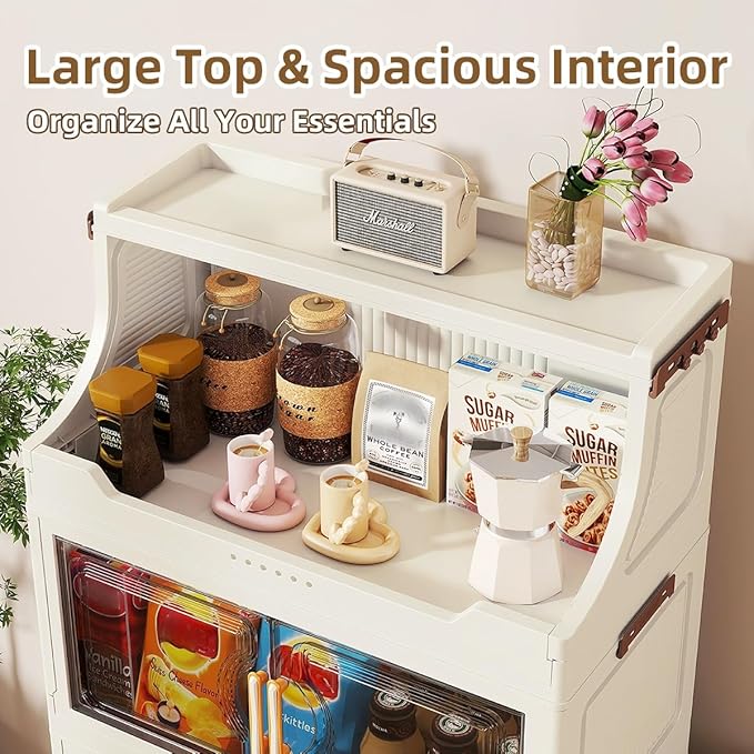 174QT Stackable Storage Bins with Lids & Rack, 4 Tier Large Capacity Foldable Storage Cabinet, Clear Collapsible Pantry Organizer for Home, Kitchen, Bathroom, Dorm, Office