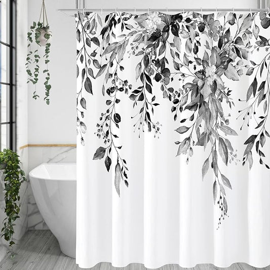 Gibelle Black and White Eucalyptus Shower Curtain, Grey Watercolor Plant Leaves with Floral Bathroom Shower Curtain Set, 72x72