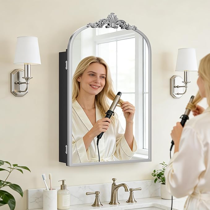 SogesHome Retro Arched Wall Mount Bathroom Mirror Cabinet with 3-Tier Storage, 15.7 x 23.6 Inch Elegant Decoration Medicine Cabinet with Removable Shelves, Farmhouse Vanity Organizer, Silver