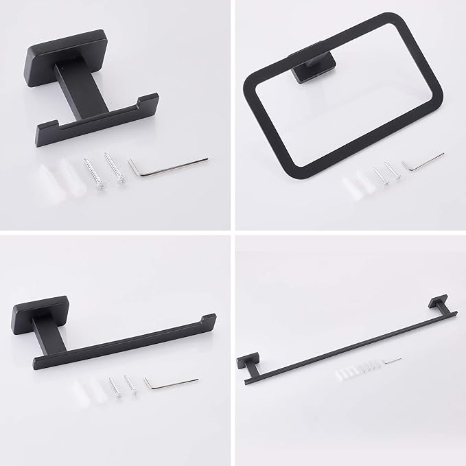 GERUIKE 4 Piece Bathroom Hardware Accessories Set,Matt Black Stainless Steel Towel Bar Sets Wall Mounted - Includes 16" Towel Bar, Square Towel Ring, Toilet Paper Holder, Robe Towel Hook