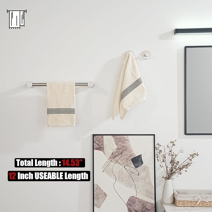 JQK Towel Bar Brushed, 14.5 Inch 304 Stainless Steel Thicken 0.8mm Towel Rack Bathroom Wall Mount, Useable Length 12 Inch, TB610L12-BN