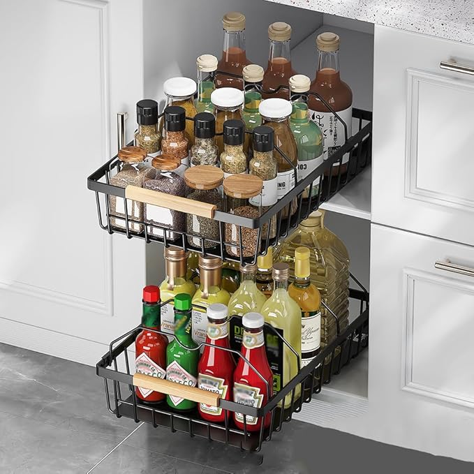GarveeHome Pull Out Cabinet Organizer Expandable Slide Out Drawer Organizers, No Drill Pull Out Drawers Adhesive Compatible Framed Cabinets Shelves for Kitchen Pantry