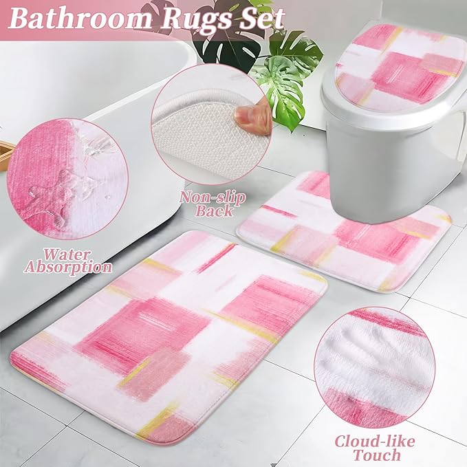 XLHOMO Bathroom Accessories Set - 26PCS Pink Bathroom Set, Bathroom Accessory Set with Shower Curtain and Rugs and Bathtub Mats for Home