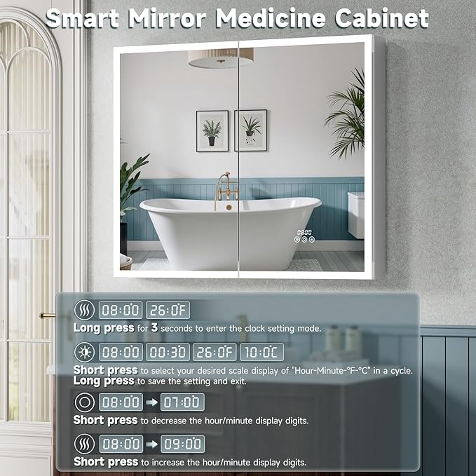 Medicine Cabinet with Lights, 60x32 Inch LED Mirror with 3 Color Lighted, Dimmable, Defogger, Clock & Temp, Surface or Recessed
