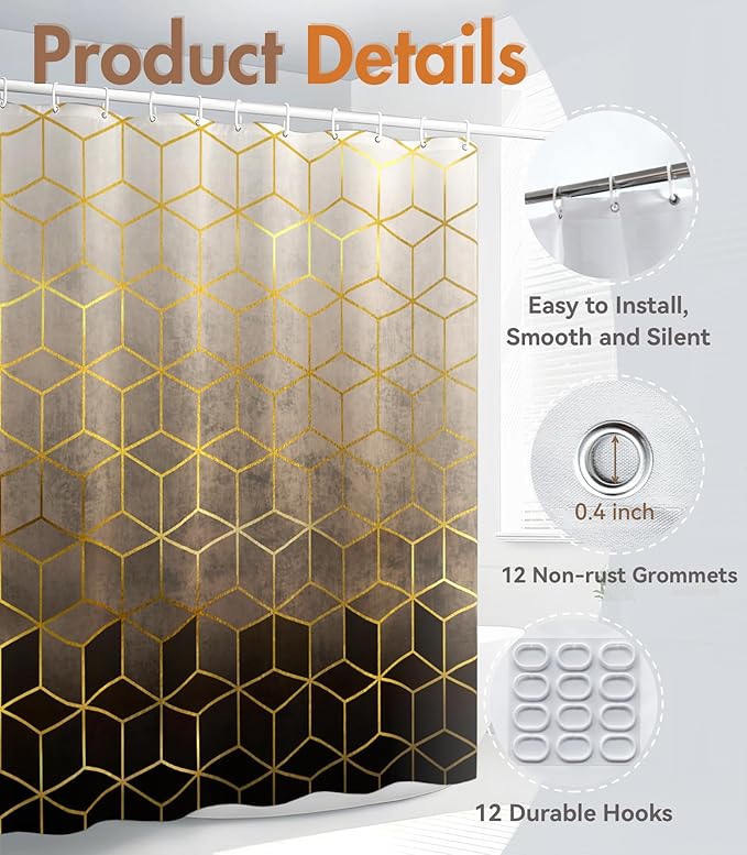 MAMUSE Shower Curtain for Bathroom - Cute Aesthetic Decorative Modern Girly Unique Girls Design Pretty Women Waterproof Fabric Cloth Cortinas de Baño Bathtub 72 x 72 Inch, Black Gold