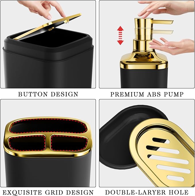 XLHOMO Bathroom Accessories Set - Luxury Black Bathroom Set, 9 Pieces Bathroom Accessory Set, Black Bathroom Accessories with Trash Can, Toilet Brush & Soap Dispenser