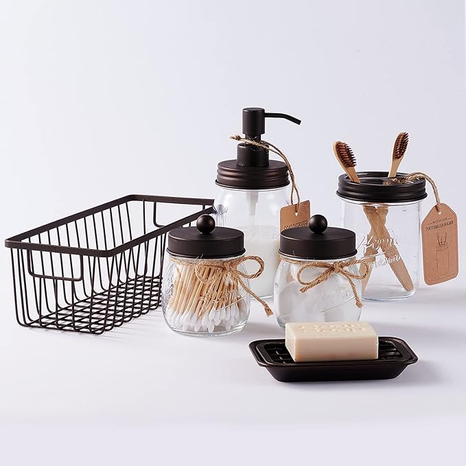 SheeChung 6Pcs Mason Jars Bathroom Accessories Set Complete - Toothbrush Holder, Lotion Soap Dispenser, 2 Mason Jars, Soap Dish, Toilet Paper Basket, Rustic Farmhouse Decor (Brown, 6Pcs Bathroom Set)
