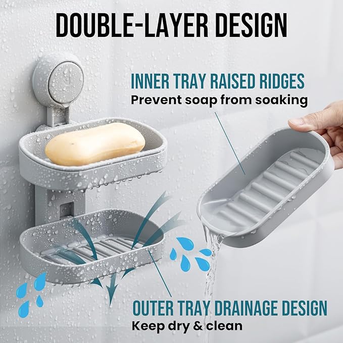 TAILI Soap Holder Soap Dish for Shower, Suction Cup Soap Holder for Shower Wall, Bathroom Accessories, Removable Strong Hold Soap Saver, Drill Free Double Soap Dish, Grey 2 Layer