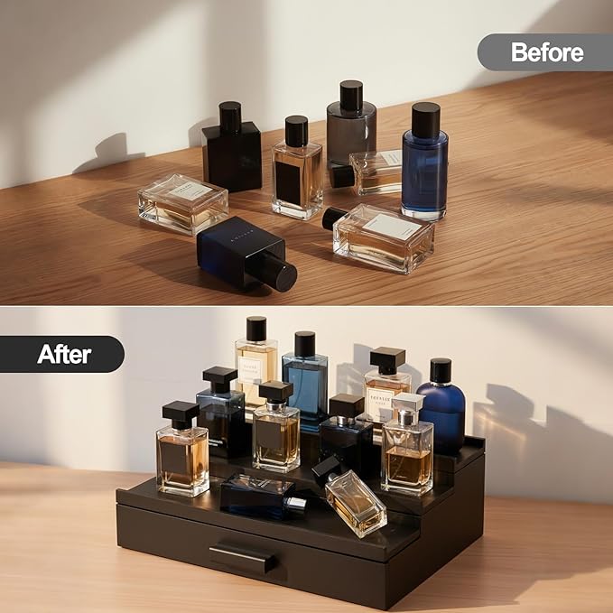 Cologne Organizer for Men,Wood Nightstand Organizer with Drawer and Hidden Compartments, Cologne Stand,Dresser Drawer Organizers,Organizador de Perfumes,Perfume Stand Organizer for Bedroom,Black