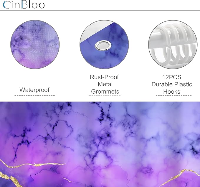 Cinbloo 4Pcs Dark Purple Marble Shower Curtain Set, Abstract Lilac Gold Cracked Lines Modern Simple Bathroom Curtain with Rug, Toilet Lid Cover, Bath Mat, Luxury Aesthetic Shower Curtain with 12 Hooks