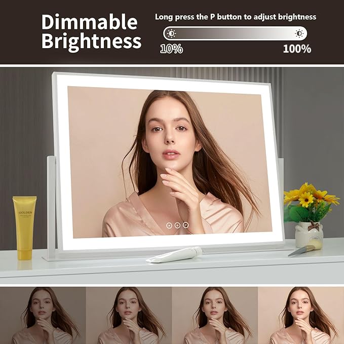 Acoolda Vanity Mirror with Lights, Large Makeup Mirror with Lights, LED Lighted Makeup Mirror with 3 Color Light Modes, Smart Touch Tabletop Mirror for Makeup Desk 360° Rotation 22.8" x 18" White