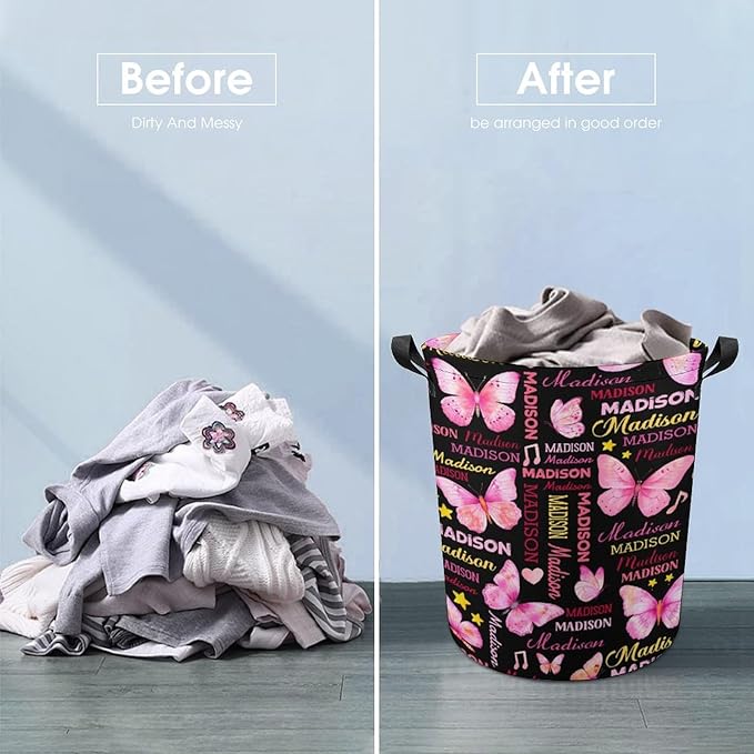 Custom Butterfly Laundry Baskets,Personalized Butterfly Gifts for Butterflies Lovers,Collapsible Laundry Hamper with Name for Kids Adults Home Decoration