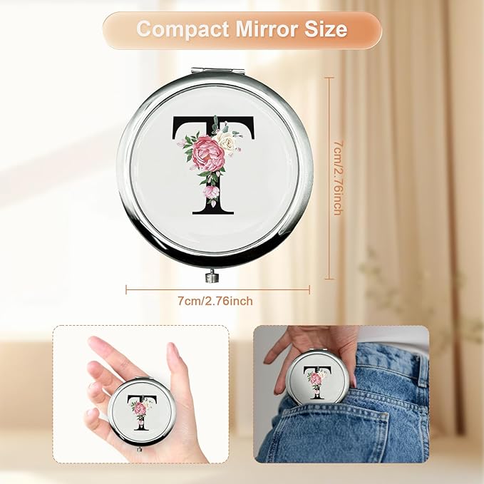 JEKUGOT Monogram Compact Mirror, Personalized Gifts for Women and Girls, Small Pocket Mirror, Personalized Compact Mirrors for Girls, Sister, Wife, Mothers, Birthday Gifts - T