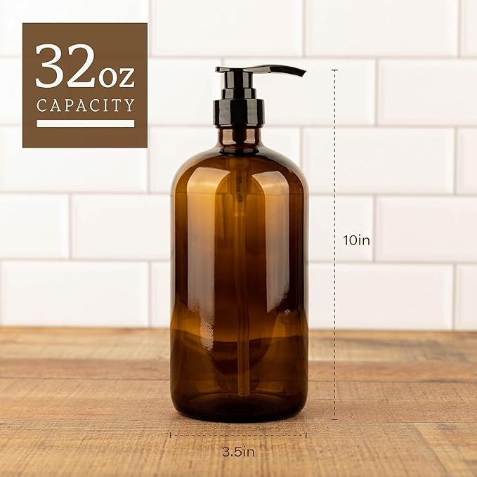 32 Ounce Glass Pump Dispenser Bottle, Large Amber Container with Pump for Shower and Bath Shampoo Soap Conditioner Lotion - 1 Liter Shower Bottles- by Kitchentoolz