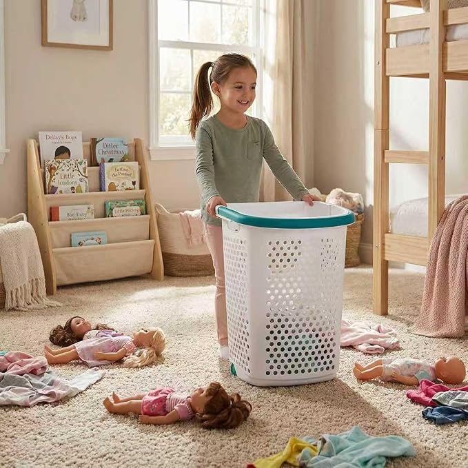 Heavy-Duty Plastic Wheeled Rolling Laundry Basket with Pop-Up Wide Handle, Ventilated Design, Easy to Clean, Spacious 70.52 Liters (2 Bushel), Large Capacity for Families, Dormitories, Laundry Rooms