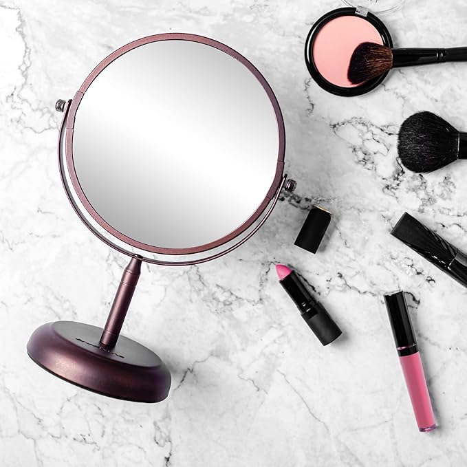 OVENTE 7'' Tabletop Makeup Mirror with 1X/5X Magnification, 360° Swivel Design and Double-Sided Free-Standing Vanity Mirror Perfect for Dresser, Bedroom and Office Desk, Antique Bronze MNLDT70ABZ1X5X