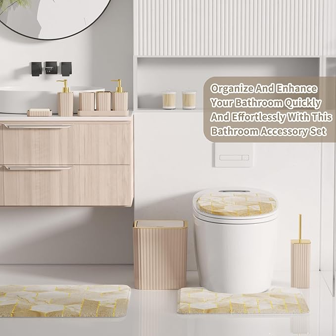 XLHOMO Bathroom Set - 26PC Bathroom Set with Shower Curtain and Rugs, Bathroom Accessory Set, Beige Bathroom Accessories Set, Trash Can & Soap Dispenser
