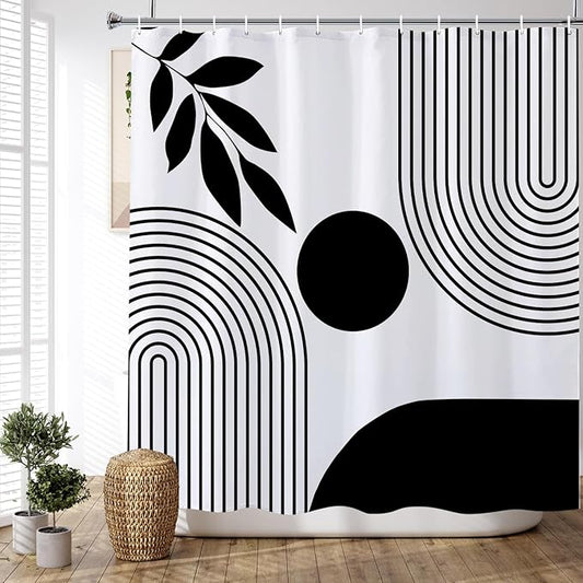 ChloropLastid Boho Shower Curtain Mid Century Modern Shower Curtains for Bathroom Black and White Geometric Minimalist Abstract Bohemian Waterproof Fabric Bathroom Shower Curtain Set 72x72 Inch