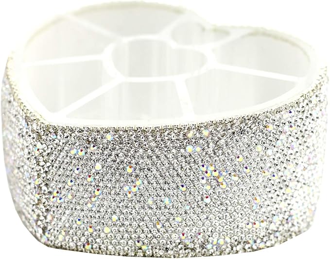 Desktop Cosmetic Storage Box 8-hole Heart-Shaped Bling bling Rhinestone Cosmetic Tools storage Box Jewelry Storage Box (Silver)