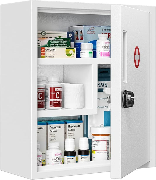 POKIPO Wall Mount Locking Medicine Cabinet, Empty Metal Medicine Storage Box with All-Metal Digit Lock, Bathroom Cabinet Organizer Over the Toilet, Keyless First Aid Box for Home School Business
