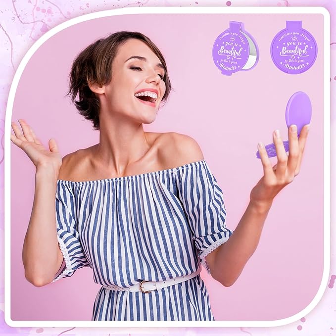 36 Pcs 2.76 Inch Inspirational Compact Mirror Bulk Women Small Gifts Graduation Party Favors Purse Mirror Pocket Mini Stuffer Items for Adult Coworker Cheerleader Employee (Purple)