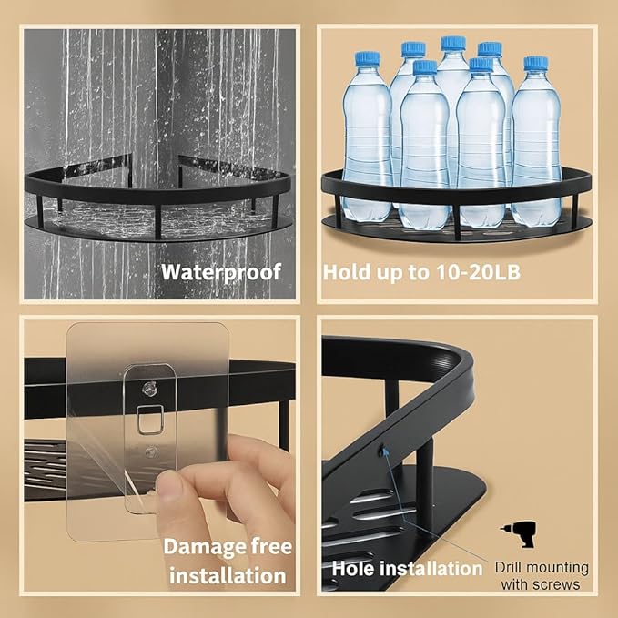 Self Adhesive Aluminum Corner Shelf for Bathroom & Kitchen | Wall Mounted Storage Rack Organizer | No Drilling Bathroom Accessories Holder (Black,Pack of 2)