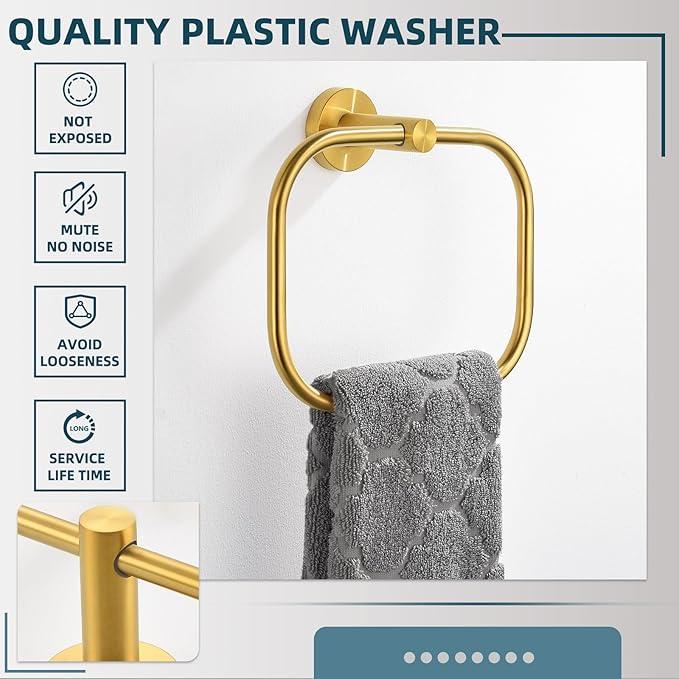 APLusee Square Towel Ring Brushed Gold, 304 Stainless Steel Hand Towel Holder for Bath Kitchen, Wall Mounted