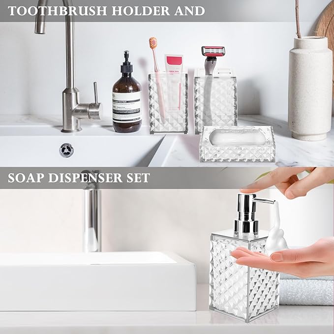 Bathroom Accessory Set, Grid Pattern 4 Pcs Plastic Bathroom Set Include Soap Dispenser, Soap Dish, Toothbrush Holder, Mousewash Cup, Modern Bahtroom D??cor Set(White)