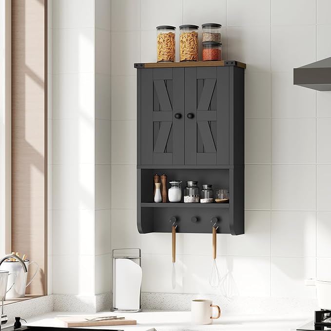 MAHANCRIS Bathroom Wall Cabinet, Farmhouse Medicine Cabinet with Adjustable Shelf, 3-Tier Wall-Mounted Storage Cabinet with 3 Hooks and Open Shelf, for Bathroom, Living Room, Kitchen, Black and Walnut