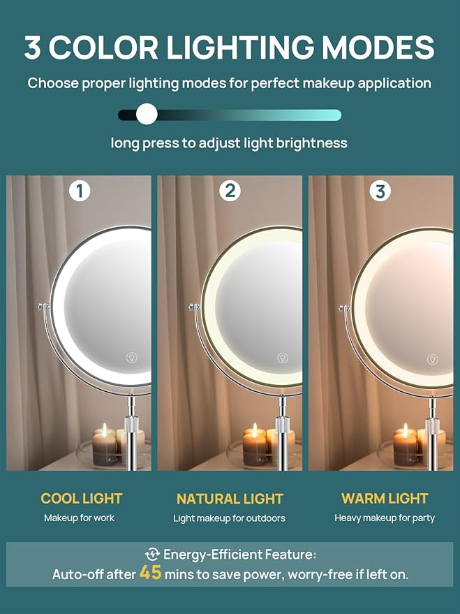 OMIRO 8.5 Inches Lighted Mirror with 3X/10X Magnifications, Double Sided Swivel Vanity Makeup Mirror with Height-Adjustable Stand (Silver)