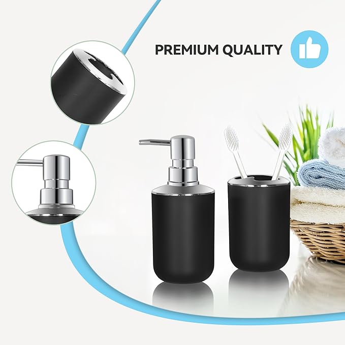 Black Bathroom Accessories Set 2 PCS, Black Bathroom Accessories, Plastic Soap Dispenser and Toothbrush Holder Set, Boho Bathroom Decor, Bathroom Set
