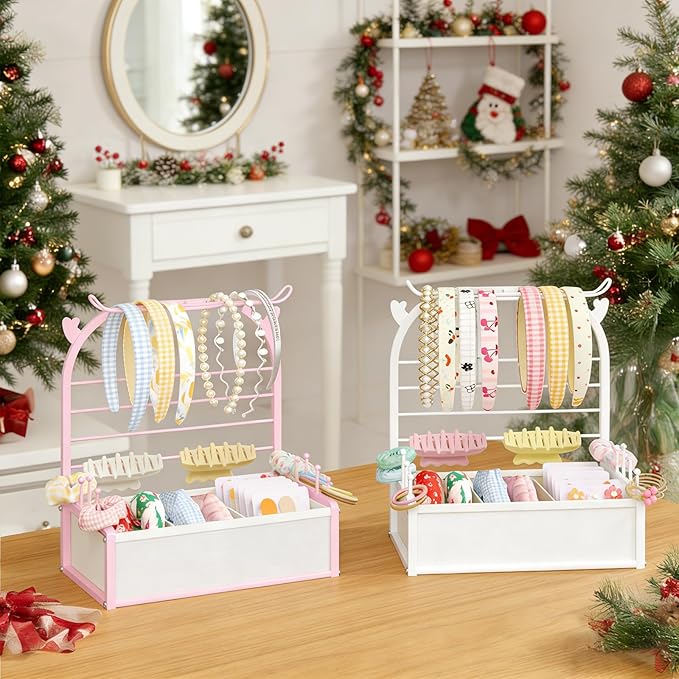 Hair Accessories Organizer for Girls, Headband Holder Stand with Storage Base, Deer Antler Display for Headbands, Scrunchies, Bows & Clips, Cute Vanity Organizer, Pink