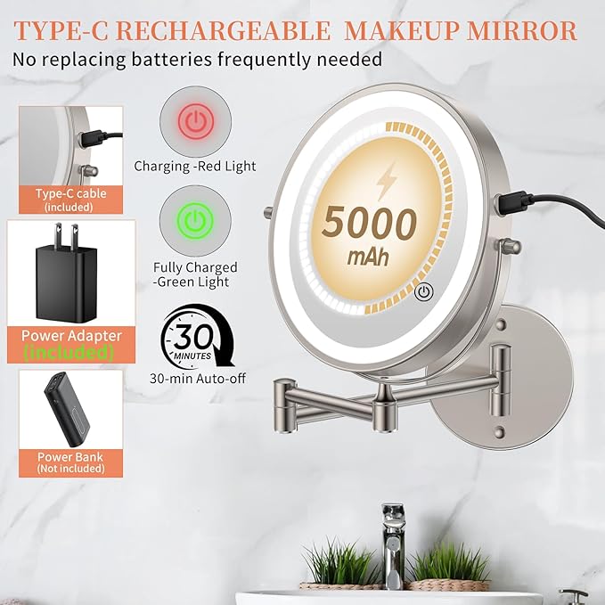 FUNTOUCH 5000mAh Rechargeable Wall Mounted Makeup Mirror with Lights, 9" Double Sided 1X/30X Magnifying Mirror with Dimmable 3 Color Light, Extended Swing Arm 360° Wall Mount Bathroom Mirror,Nickel