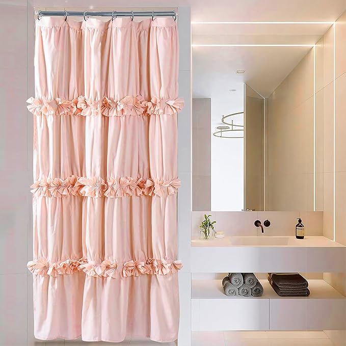 Peach Small Stall Ruffle Shower Curtain 36" W x 72" H, Vintage Handcrafted Bow Tie Bath Curtain for Master Bathroom, Ruched Polyester Bathroom Curtain with 7 Buttonholes (LQ-10)