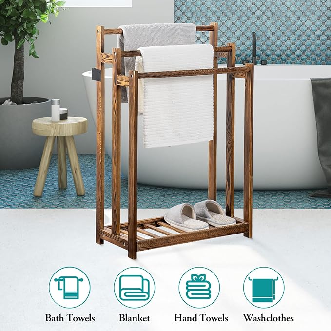 MyGift Free Standing Towel Rack, Wooden 3-Tier Quilt Rack, Bath Towel Drying Stand, Blanket Holder with Bottom Storage Shelf, for Bathroom, Living Room, Rustic Dark Brown
