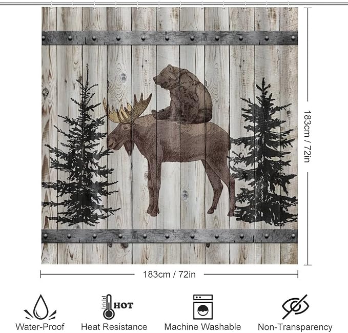 Funny Wildlife Bear Riding Moose Shower Curtain Sets with Rugs 4 Piece Accessories Bathroom Curtains Shower Set Include Shower Curtain Non-Slip Rug Toilet Lid Cover Bath Mat One Size