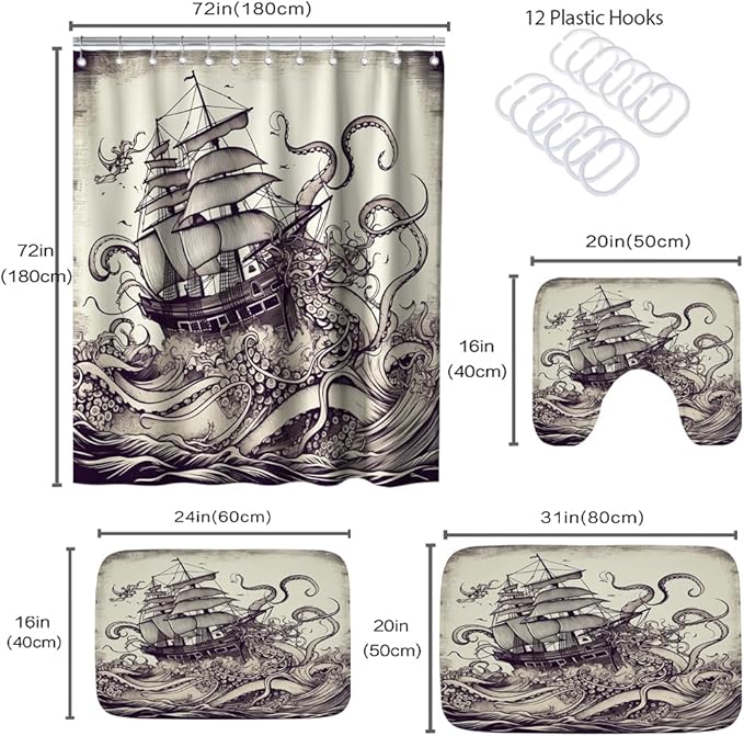Nautical Octopus Ocean Sailboat Bathroom Sets with Shower Curtain and 20 x 31 Rugs Bathroom Ocean Accessories Sets Decor with Bath Rug, Bath Mat, U-Shaped Contour and Hooks 72 x 72 Inch Purple