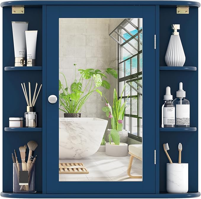 COSTWAY Medicine Cabinet with Mirror, Wall Mounted Bathroom Storage Cabinet with Mirror Door and Adjustable Shelves, Space-Saving Storage Organizer for Living Room Kitchen Entryway (Blue)