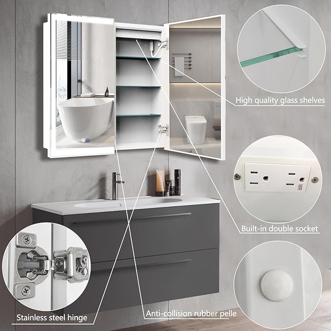 32 x 26 Inch Lighted Medicine Cabinet with 2-Side LED Mirror & Electrical Outlet, 3 Color Lights Dimmable Tempered Glass Frontlit Anti-Fog UL Listed Recessed Wall Mount for Bathroom Storage