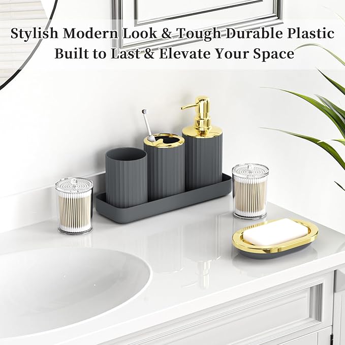 Gray and Gold Bathroom Accessories, Bathroom Sets with Shower Curtain and Rugs, Bath Rugs Accessory Set with Bathroom Trash Can, Soap Dispenser, Soap Dish for Home Decor