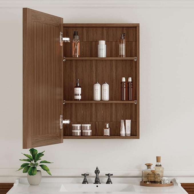 Buruis 16 x 24 Inch Walnut Grain Medicine Cabinet with Mirror, Recessed or Wall-Mounted Wood Storage Cabinet for Bathroom, Adjustable Shelves, Soft-Close Hinges, Rectangle